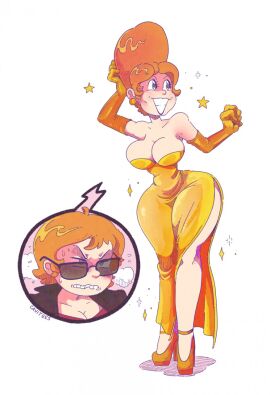 angry arm_length_gloves aware beehive_hair beehive_hairdo bimbofication body_control breasts cavitees cleavage dress earrings female female_only feminization femsub gender_transformation genderswap genderswap_(mtf) gloves high_heels huge_hips jewelry large_breasts mind_control opera_gloves orange_hair original possession rule_63 smile solo stepfordization sunglasses sweat transformation updo wide_hips