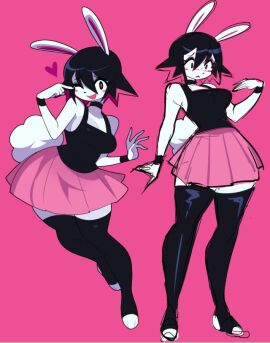 big_breasts black_hair bloodycherrylip blush blush_lines bracelets breasts bunny bunny_girl choker ddloveblood dvampiresmile felix_(dvampiresmile) female female_focus female_only hare hare_humanoid hi_res hourglass_figure legwear pink_background pink_hair pink_skirt short_hair skirt standing tank_top thick_thighs thigh_highs thighhighs topwear two-tone_hair white_body white_skin wide_eyed wide_hips