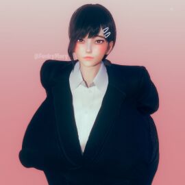 1girls 3d 3d_(artwork) alternate_breast_size arms_behind_back artist_name artist_watermark black_hair black_jacket black_suit blush breasts brown_eyes chainsaw_man collared_shirt dress_shirt female female_focus female_only fully_clothed fully_clothed_female funkymery gradient_background hairpin higashiyama_kobeni honey_select honey_select_2 huge_breasts huge_nipples illusion_soft leaning_forward light-skinned_female light_skin mole moles nipple_bulge nipples_visible_through_clothing perky_breasts perky_nipples short_hair smile solo solo_female solo_focus suggestive suit thick watermark white_shirt