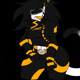 2024 :3 :3d :d bar belly belly_button belt belt_buckle black_background black_fur black_hair breasts buckle curvy curvy_figure digital_media_(artwork) english_text fangs felid feline felis female filibuster_cat genderswap genderswap_(mtf) glasses gloves hair hand_on_hip hand_on_thigh hi_res jacket legwear liketosaye long_tail midriff midriff_baring_shirt navel oerba_yun_fang open_mouth pants pointy_ears rule_63 shirt simple_background standing tail text the_battle_cats thick_thighs visor waist white_body white_fur white_skin wide_hips yellow_clothing