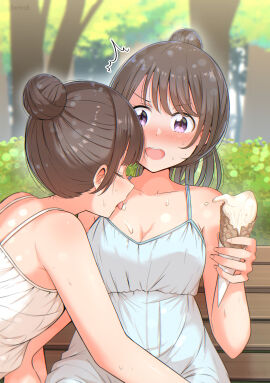 2girls blush breasts brown_hair dress female female_only hair_bun holding_ice_cream human ice_cream ice_cream_on_breasts licking melting original original_character ponytail purple_eyes tongue tongue_out yuri