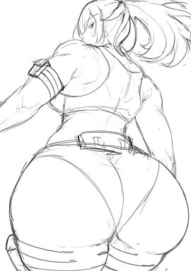 1girls ass big_ass blue_eyes breasts busty earrings female from_behind huge_ass king_of_fighters leona_heidern light-skinned_female light_skin long_hair looking_at_viewer looking_back medium_breasts military panties standing thick_thighs thighs tied_hair toned underwear voluptuous voluptuous_female wide_hips