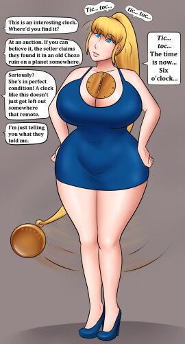 absurdres after_transformation bare_legs blonde_hair blue_eyes body_control breasts cleavage clock dialogue dress eyelashes female female_only femsub hair_band hand_on_hip high_heels hourglass_figure huge_breasts huge_hips human_furniture inanimate_object legs metroid miniskirt nintendo pendulum ponytail post-transformation samus_aran signature simple_background skirt slit_pupils solo source_request speech_bubble standing swaying symbol_in_eyes text thick_thighs tick-tock_saying transformation very_long_hair xxxx52