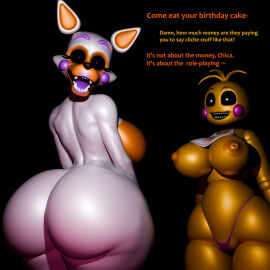 2girls 3d ass big_ass big_breasts breasts creepy dialogue female five_nights_at_freddy's five_nights_at_freddy's_2 fnaf horror_(theme) lolbit_(fnaf) massive_ass massive_breasts masteryorg0 nightmare_waifu tagme thick_thighs toy_chica_(fnaf)