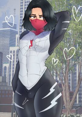 1boy armpits arms_behind_back arms_up asian black_hair bodysuit brown_eyes cindy_moon city cityscape embarrassed eyelashes femboy feminine_male gay genderswap genderswap_(ftm) johnv legs male male_only marvel marvel_comics mask masked messy messy_hair nervous outside public public_nudity rule_63 short_hair silk silk_(marvel) sissy skin_tight thick thick_legs thick_thighs thighs trap twink yaoi