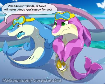 2024 ambiguous_gender animal_genitalia animal_penis aroused aroused_smile cetacean cetacean_genitalia cetacean_penis detailed_background dialogue digital_drawing_(artwork) digital_media_(artwork) dolphin duo english_text erection eyewear eyewear_only female feral genital_slit genitals goggles goggles_only grin hi_res inviting male male/ambiguous mammal marine messy nude outside penis plump_labia pussy questionable_consent sea shaded ship smile speech_bubble spread_slit tapering_penis text threatening toothed_whale url vehicle vorechestra water watercraft watermark wet