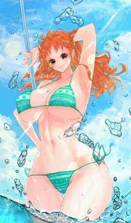 1girls bare_legs bare_shoulders bare_thighs big_breasts bikini bikini_bottom bikini_top blush breasts clothed clothing color female female_focus female_only hi_res hourglass_figure huge_breasts large_breasts light-skinned_female light_skin long_hair looking_at_viewer nami_(one_piece) navel one_piece orange-haired_female orange_eyes orange_hair post-timeskip sc_scandium shounen_jump slim_waist solo solo_female striped_bikini tagme thick_thighs water wet wide_hips
