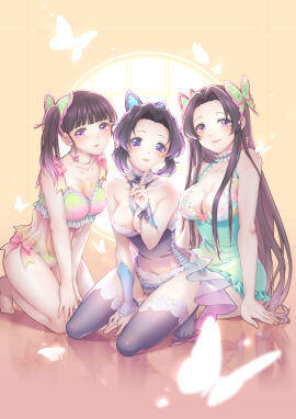 3girls arm_support ass_visible_through_thighs bare_arms bare_legs bare_thighs barefoot big_breasts blush breasts butterfly_hair_ornament camisole cleavage collarbone cross-laced_clothes demon_slayer feet female female_only finger_to_mouth kimetsu_no_yaiba kochou_kanae kochou_shinobu lace-trimmed_legwear lace-trimmed_panties lingerie lipstick long_hair multiple_females multiple_girls necklace on_knees panties parted_lips purple_eyes purple_hair purple_thighhighs see-through_clothing sha_(shareddelicious) short_hair side_ponytail strapless thighhighs thighs toes tsuyuri_kanao underwear wrist_cuffs zettai_ryouiki
