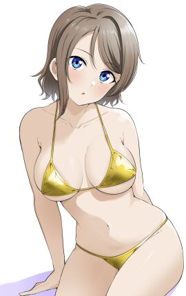 1girls barkhorn0331 bikini blue_eyes breasts brown_hair female golden_bikini grey_hair looking_at_viewer love_live! love_live!_sunshine!! sitting solo swimsuit thighs watanabe_you