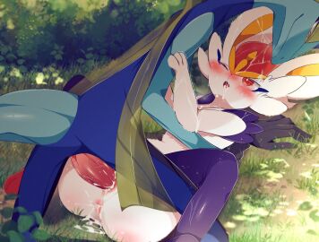 1boy 1girls anthro anthro_on_anthro anthro_penetrated anthro_penetrating anthro_penetrating_anthro anus ass biped blue_body blue_tail blush bodily_fluids cinderace cum cum_in_ass cum_in_mouth cum_in_pussy cum_inside cum_on_body detailed_background duo erection female female_penetrated fur generation_8_pokemon genital_fluids genitals hi_res inteleon male male/female male_penetrating male_penetrating_female nintendo open_mouth penetration penile penile_penetration penis pokemon pokemon_(species) prrrrrrmine pussy red_eyes sex tail vaginal_penetration white_body white_fur