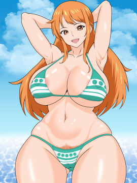 bikini breasts clothing female female_only large_breasts naitousei_555 nami_(one_piece) one_piece orange-haired_female orange_hair post-timeskip pubic_hair pubic_hair_peek swimsuit tagme thick_thighs thighs