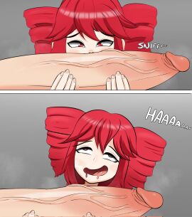 1boy 1girls 2d 2d_(artwork) adult_and_teenager adult_on_young age_difference ahe_gao big_penis cock_hungry cute drool drooling female gigantic_penis holding_penis horny horny_female huge_cock imminent_oral kasane_teto kasane_teto_(sv) large_penis long_penis male meme meme_reference musk musk_clouds older_on_younger open_mouth oral panels penis petite red_eyes red_hair reference rolling_eyes rumi_sniffing_gimbap seductive_mouth skinny slim sniffing sniffing_penis sound_effects steam straight teenager telosynth throat tongue_out twin_drills twintails utau veiny_penis vocaloid young