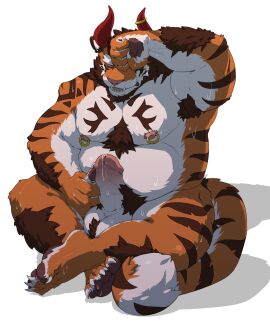 anthro balls belly big_belly bodily_fluids brown_eyes brown_hair brown_markings dripping dust_yang erection fangs felid front_view fur genital_fluids genitals hair hi_res horn humanoid_genitalia humanoid_penis male mammal markings moobs muscular muscular_anthro muscular_male narrowed_eyes nipple_piercing nipple_ring nipples nude open_mouth orange_body orange_fur overweight overweight_anthro overweight_male penis piercing precum precum_drip pupils red_horn red_pupils ring_piercing short_hair simple_background sitting slit_pupils solo striped_arms striped_legs striped_markings striped_tail stripes sweat sweatdrop tail tail_markings teeth white_background white_balls white_body white_fur