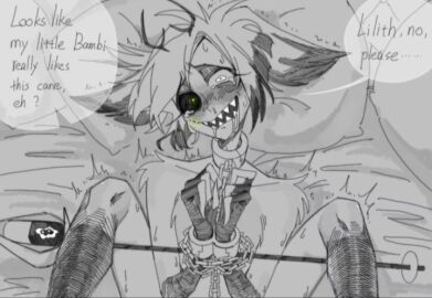 alastor_(hazbin_hotel) anal_sex bondage cane chained_wrists crying crying_with_eyes_open deer_ears dominant_female english_text female hazbin_hotel helpless lilith_morningstar_(hazbin_hotel) male male_focus male_only male_victim restricted_movement reverse_rape sensitive shaking shivering submissive_male tears unseen_female_face