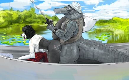 alligator alligatorid anthro anthro_on_anthro anthro_penetrated anthro_penetrating anthro_penetrating_anthro bent_over best big_tail black_hair boat border_collie canid canine canis casual_sex collie crocodilian doctordj domestic_dog duo female fishing fishing_rod green_eyes hair herding_dog hi_res interspecies lily_pad male male/female mammal open_mouth pastoral_dog penetration penile penile_penetration penis penis_in_pussy plant pond pussy reptile sarah_(wheresmysocks) scalie sex sharp_teeth sheepdog tail teeth thick_tail tongue tongue_out vaginal_penetration vehicle water watercraft