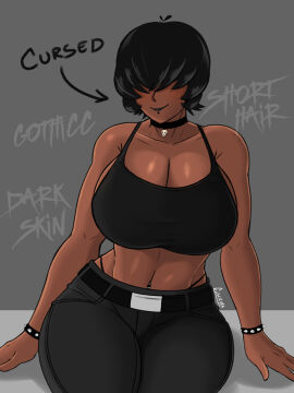 1girls 2d 2d_(artwork) big_breasts black-haired_female black_choker black_clothing black_hair black_lipstick black_thong breasts choker collar dark-skinned_female dark_skin escriba female female_focus female_only front_view goth goth_girl goth_tomboy gothic short_hair sitting smile smiling smiling_at_viewer solo solo_female solo_focus spiked_bracelet thick_thighs thighs thong tomboy