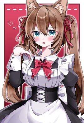 animal_ear_fluff animal_ears animal_tail apron bangs blue_eyes blush bow bowtie breasts brown_hair caleen_keemosn clothing commission dress eyebrows_visible_through_hair female fox_ear fox_ears fox_girl fox_tail frills hair_between_eyes hair_ornament hair_ribbon hand_up heart kemonomimi kitsunemimi long_hair long_sleeves looking_at_viewer maid maid_apron multi_tail omurice_2cm open_mouth red_bow red_bowtie red_ribbon ribbon runes solo star_ocean star_ocean_anamnesis tail tails tied_hair twintails uniform very_long_hair white_apron