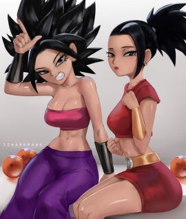 2girls adult_swim bare_arms bare_legs bare_shoulders bare_thighs black_eyes black_hair caulifla clothed clothing color dragon_ball dragon_ball_super female female_focus female_only fit fit_female hi_res izhardraws kale light-skinned_female light_skin long_hair looking_at_viewer saiyan solo_female tagme thick_thighs toonami