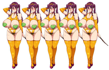 armpit_hair bakunyuu_party belly_button big_breasts bodysuit boob_window breasts choker crotchless crotchless_panties female female_only female_pubic_hair high_heels highres huge_breasts magic_wand male milf naughty_face nipples nipples_visible_through_clothing penis penis_earrings pubic_hair purple_hair smile sweat takeda_hiromitsu terena_(bakunyuu_party) twintails