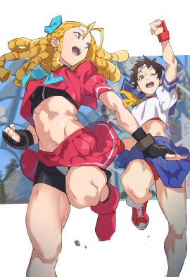 2d 2girls bare_midriff blonde_hair breasts brown_eyes brown_hair busty crop_top drill_hair female female_focus female_only himuro_yukichiko hourglass_figure karin_kanzuki long_hair sakura_kasugano school_uniform schoolgirl short_hair street_fighter tagme wide_hips