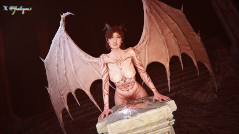 3d athletic_futanari baldur's_gate_3 circlet dragon_scales futa_only futanari horns long_nails looking_at_viewer malu_kir offering_to_viewer original_character pubic_hair solo solo_futa tattoos wings yeetiques