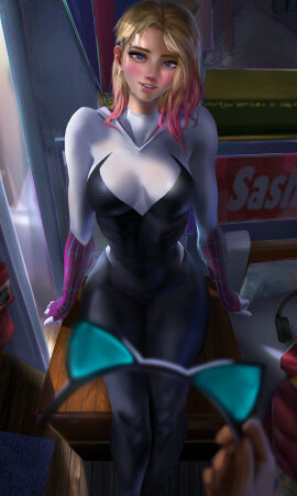 1boy 1girls asymmetrical_hair big_breasts blonde_hair blue_eyes blush bodysuit breasts canon_couple cat_ears couple dark-skinned_male dark_skin female fully_clothed gwen_stacy gwen_stacy_(spider-verse) heart heart-shaped_pupils light-skinned_female male marvel marvel_comics miles_morales orca.huang orca54896 romantic_couple spider-man:_across_the_spider-verse spider-man:_into_the_spider-verse superheroine