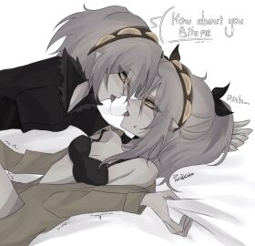 black_bra black_ribbon english_text female female_only j_(murder_drones) murder_drones paralichka v_(murder_drones) yellow_eyes yuri