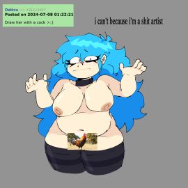 1girls 2d 2d_(artwork) big_breasts blue_hair blush breasts chubby chubby_female confusion evilgoober female friday_night_funkin friday_night_funkin_mod humor large_breasts looking_at_viewer naked naked_female naked_thighhighs nipples rule_34_comment shirtless shrug skyblue skyblue_(friday_night_funkin) thighhighs tummy