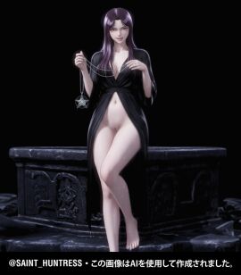 beautiful beautiful_female beautiful_females belly belly_button black_clothed black_clothes black_clothing black_coat black_robe breasts busty covered_breasts covered_nipples curvy feet feet_fetish foot_fetish hourglass_figure hourglass_figured_female legs legs_together looking_at_viewer pale pale-skinned_female pale_skin pandora pandora_(saint_seiya) purple_eyes purple_hair pussy pussy_lips pussy_peek saint_seiya seductive shaved_crotch shaved_pubes shaved_pussy shaved_vagina smile smirk vagina