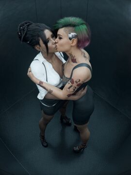 cd_projekt_red checkpik cybernetics cyberpunk_2077 earrings elevator green_and_purple_hair high_heels hoop_earrings judy_alvarez kissing_while_hugging lesbian_kiss nose_piercing office_clothing panam_palmer tattoo_on_arm tattoo_on_back tattoo_on_breast tattoo_on_neck voyeur_pov yuri