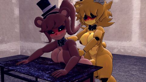 3d anthro balls bent_over bent_over_table black_eyes blush blushing_at_viewer breasts brown_fur brown_hair edger female five_nights_at_freddy's freddy_(fnaf) fredina's_nightclub from_behind furry futanari golden_freddy_(fnaf) intersex looking_at_viewer naked_female penis sex yellow_fur yellow_hair