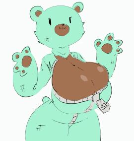 1girls animated ass bear_costume big_ass big_breasts breasts breasts_bigger_than_head cleavage cleavage_overflow clothed colored_sketch costume dark-skinned_female dark_skin female female_only flat_colors furry fursuit gif huge_breasts loop mascot_costume minty_(monmonmallow) monmonmallow no_bra oc original_character paws revealing_clothes shaking_breasts stubby_tail teasing zipper zipper_pull_tab