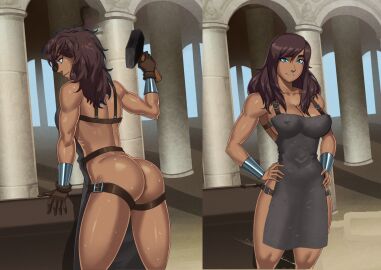 amazon apron apron_only ass blacksmith blue_eyes brown_hair casual dark-skinned_female dark_skin edited fanart female hammer human outerwear pallas something_unlimited sunsetriders7 themyscira
