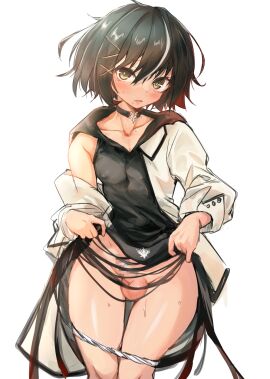 1boy balls black_hair blush censored choker clothes_lift collarbone commentary_request covered_nipples crossdressing erection femboy feminine_male girly green_eyes hair_ornament hairclip highres looking_at_viewer male male_focus male_only mole mole_on_collarbone mole_under_mouth monark mosaic_censoring multicolored_hair off_shoulder otoko_no_ko panties panty_pull penis pepero_(prprlo) prprlo shiny_skin shinya_yuda short_hair simple_background solo streaked_hair sweat testicles thighs trap underwear upper_body white_background x_hair_ornament