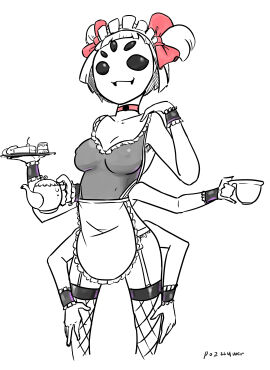 2016 5_eyes breasts choker clothed donut fangs female fishnets maid monochrome monster_girl muffet multi_eye nipples_visible_through_clothing pie powergorani pudding ribbon smile spider_girl sweets teacup teapot undertale undertale_(series)