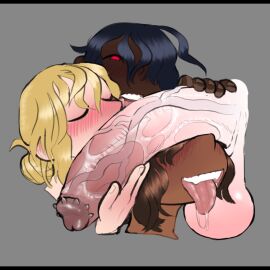 1:1 absurd_res ambiguous_gender big_penis black_bars black_hair blonde_hair bodily_fluids brown_body brown_hair brown_skin closed_eyes collaborative collaborative_fellatio collaborative_sex dark_body dark_skin digital_media_(artwork) erection fellatio foursome genital_fluids genitals group hair hair_bun hand_on_penis happy happy_sex hi_res huge_cock humanoid ishmael's_boyfriend ishmael_(core34) kissing letterbox long_hair mammal monster open_mouth oral penile penis penis_kissing red_eyes saliva saliva_on_penis saliva_on_tongue saliva_string sex simple_background smile thecore34 tongue trio unusual_anatomy unusual_genitalia unusual_penis vein veiny_penis white_body white_skin