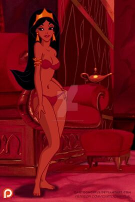 1girls aladdin aladdin_(1992_disney_film) armlet barefoot bikini black_hair cartoongirls chair deviantart_link deviantart_logo deviantart_username disney disney_princess female lowleg lowleg_bikini obnoxious_watermark ottoman patreon_logo patreon_url patreon_username princess_jasmine red_bikini swimsuit very_long_hair watermark web_address