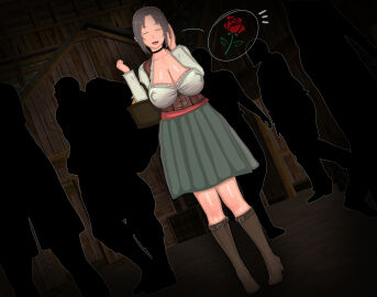 1girls 3d :d absurd_res absurdres big_breasts breasts brown_hair catalina_(vyrus_smith) erect_nipples erect_nipples_under_clothes female full_body green_skirt hi_res high_resolution highres knee_boots large_breasts married_female mature mature_female nipples open_mouth open_smile original outdoors rose silhouette speech_bubble vyrus_smith