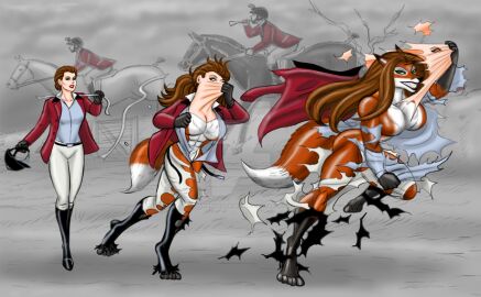 anthro blue_shirt boots breasts brown_hair disguise female fox fox_girl horse_riding horses jacket johnnyharadrim large_breasts original original_character pants purse red_jacket shirt skinsuit tail white_pants wide_hips