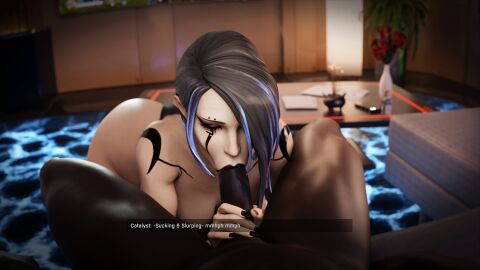 1girls 3d apex_legends ass bent_over blowjob catalyst_(apex_legends) completely_nude dark-skinned_male dark_skin dinoboy555 english_dialogue english_text fellatio female holding_penis indoors interracial light-skinned_female light_skin lipstick lipstick_mark lipstick_on_penis makeup male nail_polish nude nude_female oral oral_sex penis pov straight trans_woman transfem