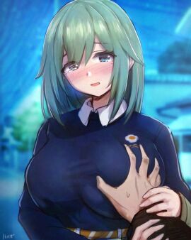 1boy 1girls big_breasts blue_eyes boobgrab breasts female gigantic_breasts grabbing grabbing_breasts green_hair male npc npc_(zenless_zone_zero) venus_(zenless_zone_zero) zenless_zone_zero