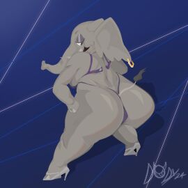1girls 2d alternate_version_available anthro ass big_ass bikini bottom_heavy chubby clothed digital_drawing digital_media doomsday_(doomsday-ent) ear_ring elephant elephantid eva_(doomsday-ent) eyeshadow female female_only full_body furry grin hand_on_hip high_heels highres large_ass looking_at_viewer neon_lights pinup pinup_pose proboscidean seductive_smile showing_off solo splooshiidood stripper tail thick_thighs trunk_(anatomy) vaporwave