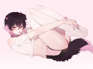 2_tone_hair beauty_mark black_hair booty_shorts bulge bulge_through_clothing crop_top dog_ears dog_tail ear_piercing fanart femboy femboy_only gomi-cake hugging_legs joei_wanko male male_only mole_under_eye mole_under_mouth multicolored_hair painted_nails pale_skin pink_and_black_hair pink_eyes pink_hair puppy puppyboy soft_shading thighhighs virtual_youtuber vtuber vtuberfanart