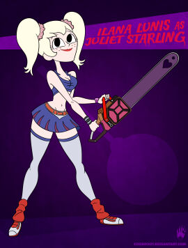 2012 bare_arms bare_midriff blonde_hair cartoon_network chainsaw cheerleader_costume cleavage cosplay double_ponytail english_text female freckles freckles_on_face hair_scrunchie holding_chainsaw holding_object juliet_starling_(cosplay) leg_warmers light-skinned_female light_skin lipstick lollipop_chainsaw long_hair navel ponytails princess_ilana purple_background raccoonfoot red_lipstick skirt smiling sneakers solo sweatband sym-bionic_titan thigh_high_stockings topwear voice_actor_connection watch