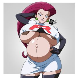1girls alternate_version_available areola areola_slip areolae belly big_belly big_breasts big_nipples blue_eyes breasts covered_nipples earrings elbow_gloves female female_only fungus-man gigantic_breasts hand_on_head hand_on_hip huge_breasts jessie_(pokemon) large_breasts light-skinned_female light_skin lipstick long_hair looking_at_viewer mature mature_female midriff navel nintendo nipples pokemon pregnant ready_to_pop red_hair self_upload skirt solo solo_focus team_rocket team_rocket_uniform thighhighs thighs watermark wide_hips