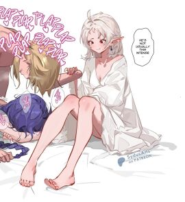 1boy 2girls ahoge bed_sheet blonde_hair blue_hair blush braid breasts clenched_teeth cuckquean elf english_commentary english_text female grey_hair holding_another's_arm husband_and_wives long_hair male medium_hair multiple_females multiple_girls mushoku_tensei oversized_clothes oversized_shirt passed_out patreon_username plap pointy_ears polygamy rough_sex roxy_migurdia rudeus_greyrat sex sex_from_behind sheet_grab shirt straight sweatdrop sydus sylphiette_(mushoku_tensei) teeth thought_bubble toes white_shirt