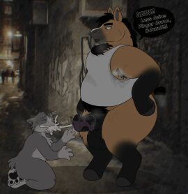 anthro ass balls big_balls bodily_fluids chode equid equine erection felid feline genitals german_text horse male male/male mammal overweight overweight_male penis simple_background sstinkies text thick_penis