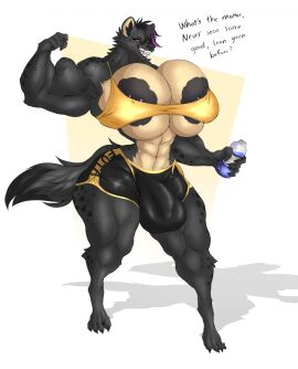 abs anthro areola areola_slip balls barbell_piercing big_balls big_breasts black_areola black_hair black_spots bottomwear breasts bulge clothing crop_top dialogue dullvivid english_text fangs flexing flexing_bicep fur futanari genital_outline genitals hair hi_res highlights_(coloring) hotpants huge_breasts hyena intersex mammal markings muscle_tone muscles muscular muscular_anthro muscular_futa muscular_intersex neck_tuft nipple_barbell nipple_piercing nipples open_mouth open_smile piercing purple_highlights shirt shorts simple_background smile smirk smug smug_face smug_grin solo spots spotted_body spotted_fur spotted_hyena spotted_markings tan_body tan_fur teeth text topwear tuft white_background