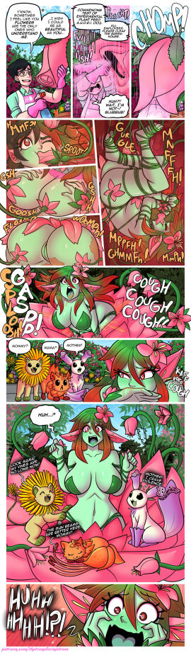 absurd_res accessory alraune ass big_ass big_breasts big_butt black_hair breast_growth breasts butt_expansion clothed clothing colored comic dialogue ear_growth elemental_creature english_text european_mythology expansion female feral flora_fauna flower flower_in_hair flower_on_breasts garden gender_transformation genitals green_body group growth hair hair_accessory hair_growth happy hi_res human humanoid long_hair male mammal mtf_transformation my_favorite mythology nude orange_hair plant plant_clothing plant_hair plant_tentacles plant_transformation pseudo_hair pussy restrained species_transformation speech_bubble surprised_expression text thetransformistress thick_thighs thigh_expansion transformation unexpected vines
