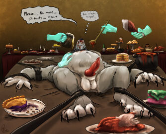 absurd_res against_surface ale animal_genitalia animal_penis anthro balls begging belly beverage big_belly blizzard_entertainment bloated bodily_fluids bondage bottle bound bulge cake canid canine canine_genitalia canine_penis chicken_meat claws clothing container cuff_(restraint) cutlery dessert dialogue digitigrade disembodied_hand dripping erection food food_inflation force_feeding furniture genital_fluids genitals ghost_hands hi_res holding_food holding_object kitchen_utensils knot leaking_precum leather leather_cuffs lying male mammal masochism meat messy_eater mug mythological_canine mythological_creature mythology navel nude on_back overweight overweight_male pastry penis pie plates precum precum_drip questionable_consent restrained restrained_arms restrained_legs restraints sedric_(worgen) simple_background solo speech_bubble spoon stew stuffing table thought_bubble thoughts tools warcraft were werecanid werecanine werewolf worgen yenocwolf